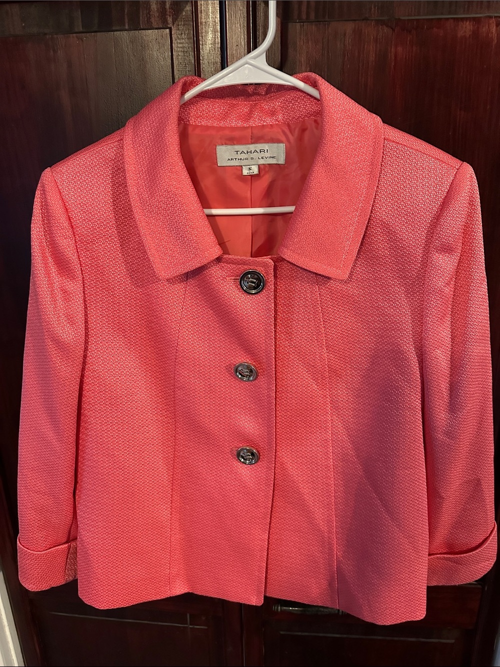 Tahari Arthur S Levine Retro Coral Pink Textured Button Cuffed Sleeve Jacket S12